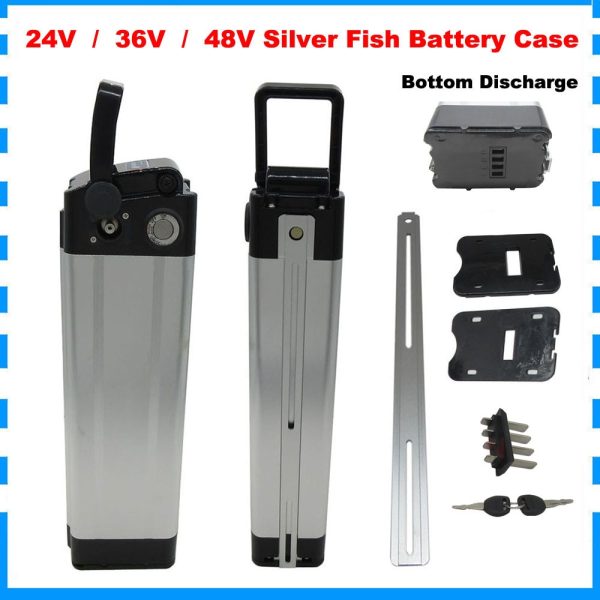 24V 36V 48V Electric E Bike Bicycle Battery Box Case Cover Empty Silver Fish Ebike Aluminum Housing Accessories Bottom Discharge