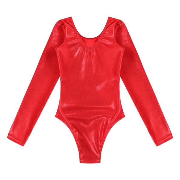 Choomomo Kids Girls Round Neck Long Sleeves Pure Shiny Metallic Stretchy Nylon Swimming Bodysuit Yoga Ballet Latin Dance Leotard - Image 5