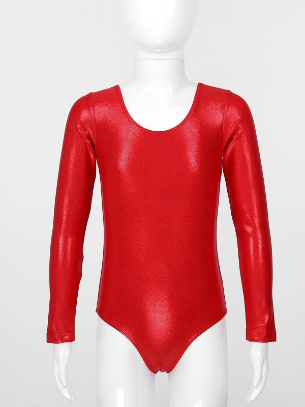 Choomomo Kids Girls Round Neck Long Sleeves Pure Shiny Metallic Stretchy Nylon Swimming Bodysuit Yoga Ballet Latin Dance Leotard - Image 6