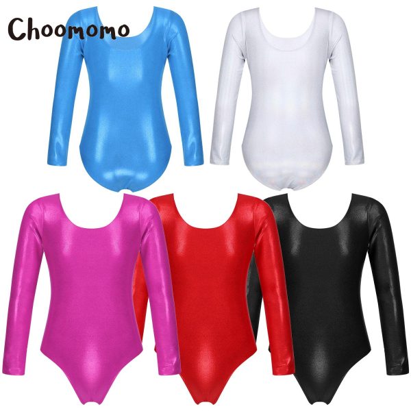 Choomomo Kids Girls Round Neck Long Sleeves Pure Shiny Metallic Stretchy Nylon Swimming Bodysuit Yoga Ballet Latin Dance Leotard