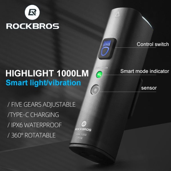 ROCKBROS 1000Lumen Bike Light Smart Vibration Sensing Bike Lamp 5Modes Bicycle Headlight LED Flashlight Lantern Bike Accessories - Image 6